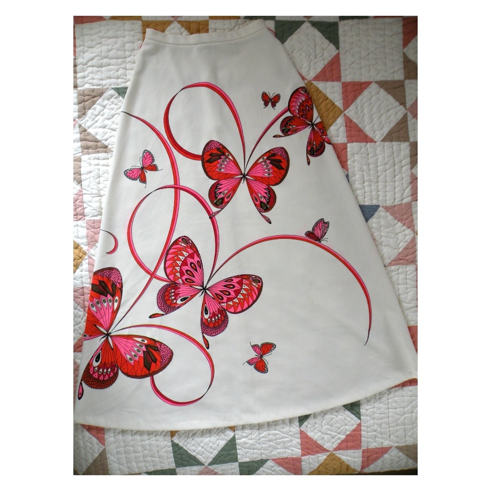 70s Vintage Retro Miss Shaheen Butterfly Maxi Skirt Off-White & Hot Pink
